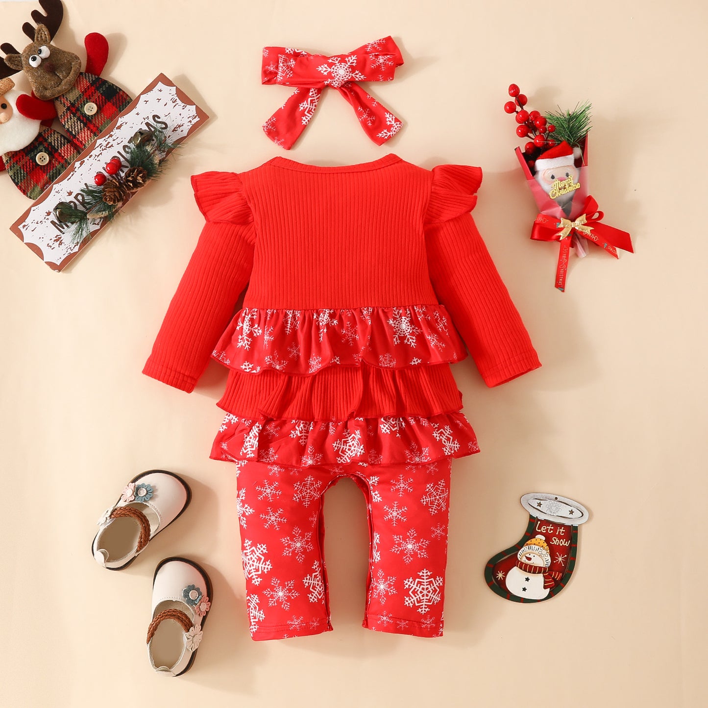 Christmas Long Type Crawling Suit Baby Girl Sunken Stripe Long Sleeve Fake Suspenders Romper