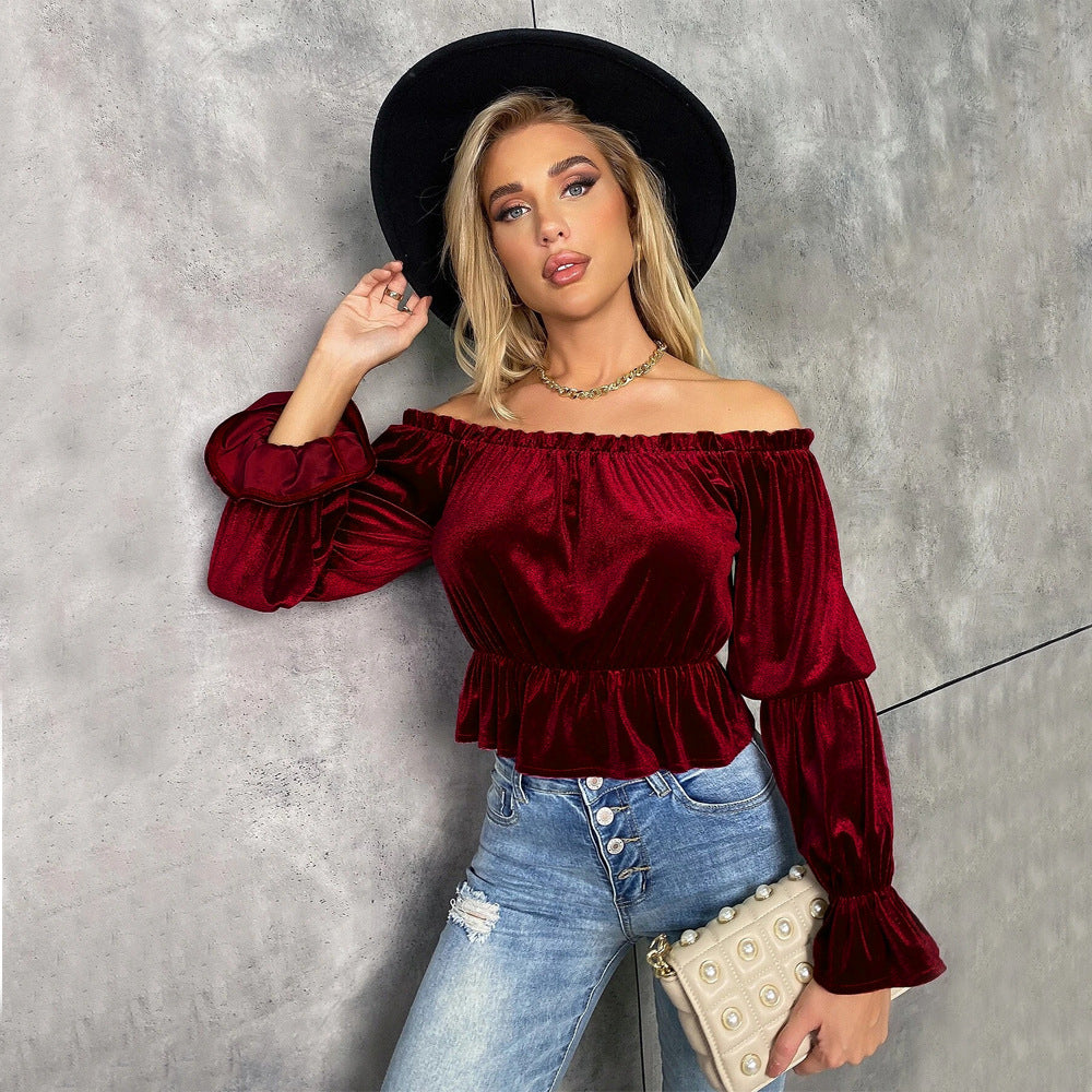 French Style Velvet Long Sleeve T-shirt Top For Women